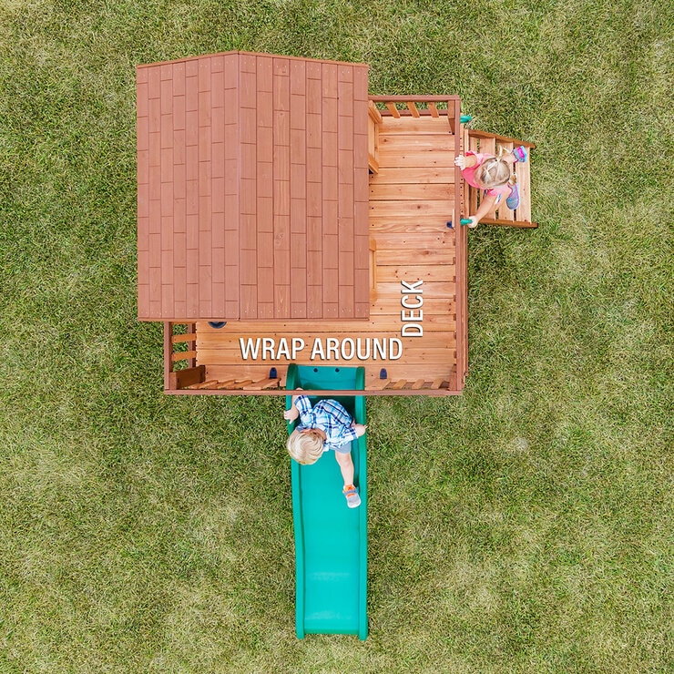 Lifestyle image showing the wrap around deck from above