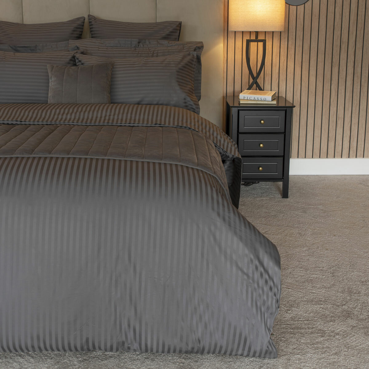 Belledorm 540 Thread Count Satin Stripe Charcoal Duvet Cover Set in 3 Sizes