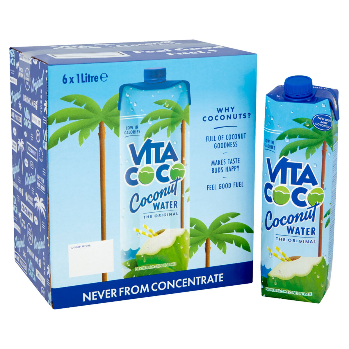 Blue bardboard box of coconut waters and 1 bottle in front of it