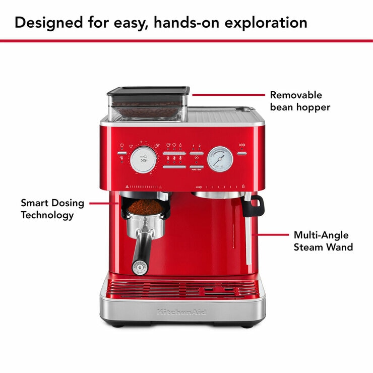 Lifestyle image of KitchenAid Semi Auto Espresso Machine & Burr Grinder designed for easy, hands on exploration with removable bean hopper, multi angle steam wand and smart dosing technology