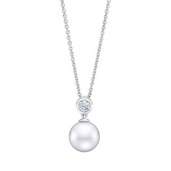 8-9mm Cultured Freshwater White Pearl & 0.14ctw Diamond Necklace, 14ct White Gold