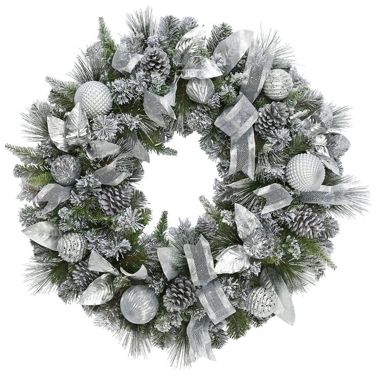 Silver decorated wreath on White background without lights Silver decorated wreath on White background without lights