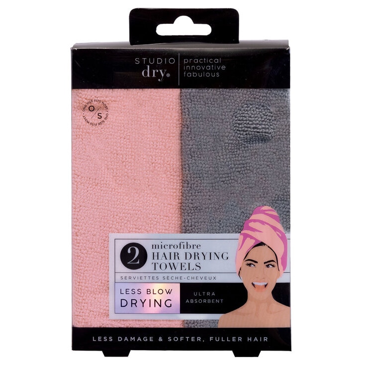 Danielle Creations, Turban Hair Towels, 2x2 Pack Pink & Grey Packed Danielle Creations, Turban Hair Towels, 2x2 Pack Pink & Grey Packed