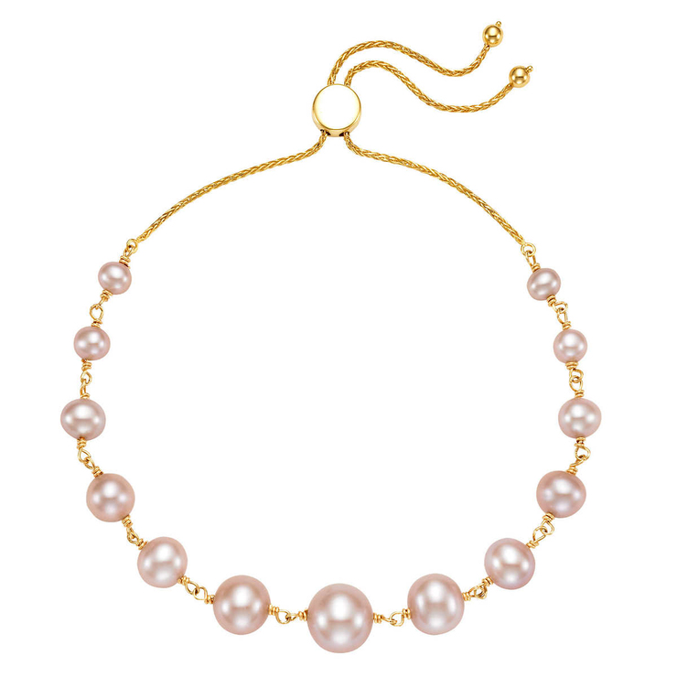 3.5-9mm Cultured Freshwater Pink Pearl Bolo Bracelet, 14ct Yellow Gold ...