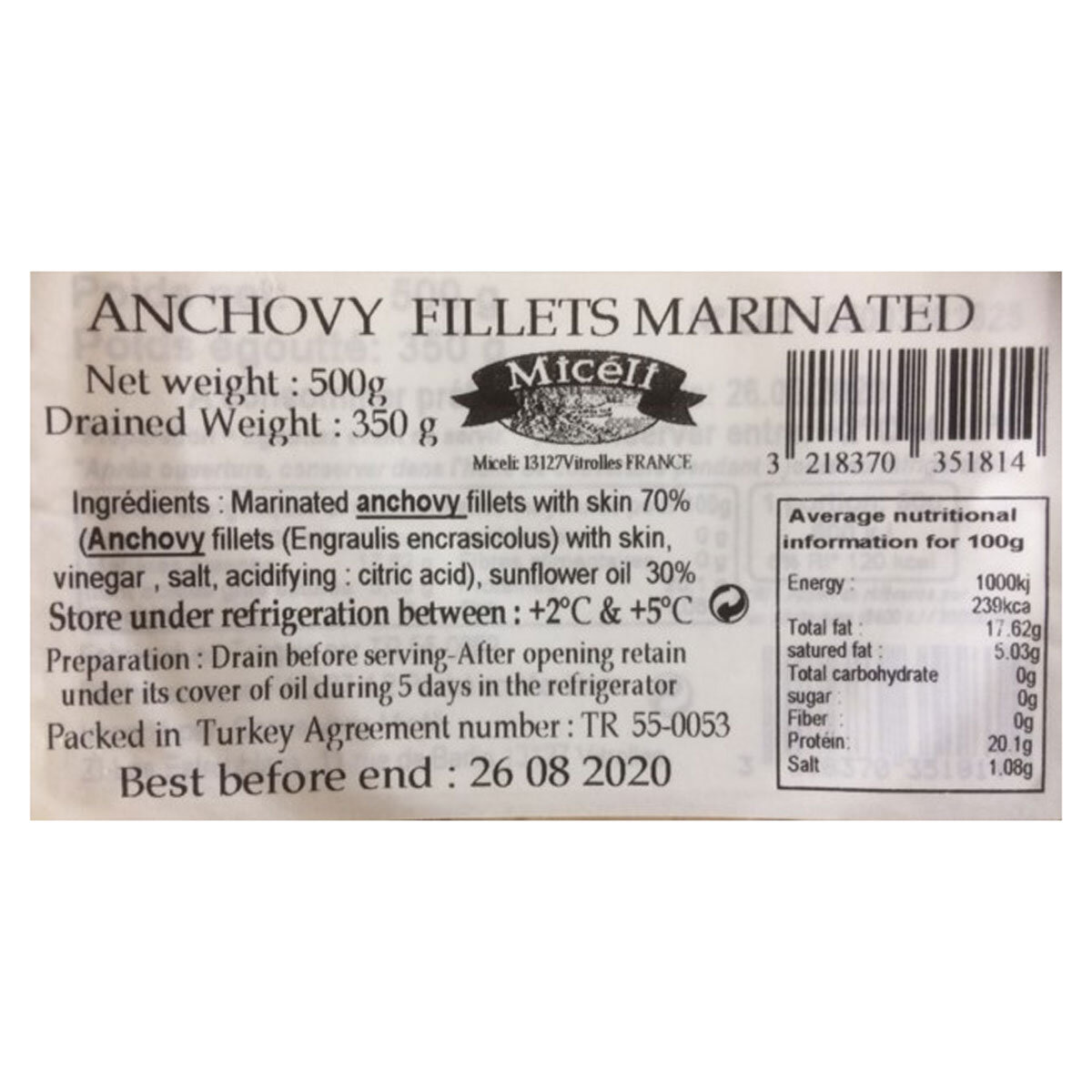 Label for 350g pot of Marinated Anchovy Fillets