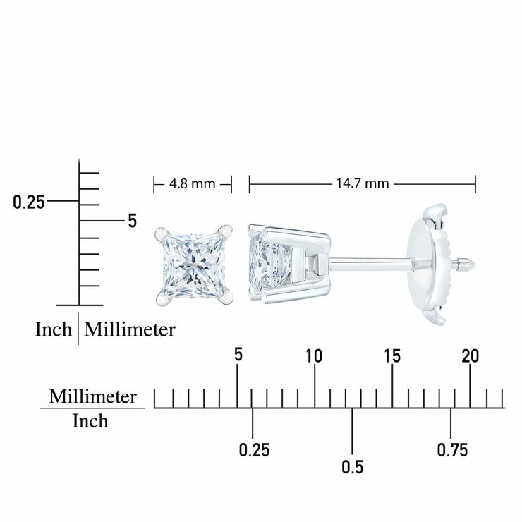 0.73ctw Princess Cut Diamond Stud Earrings, 14ct White Gold