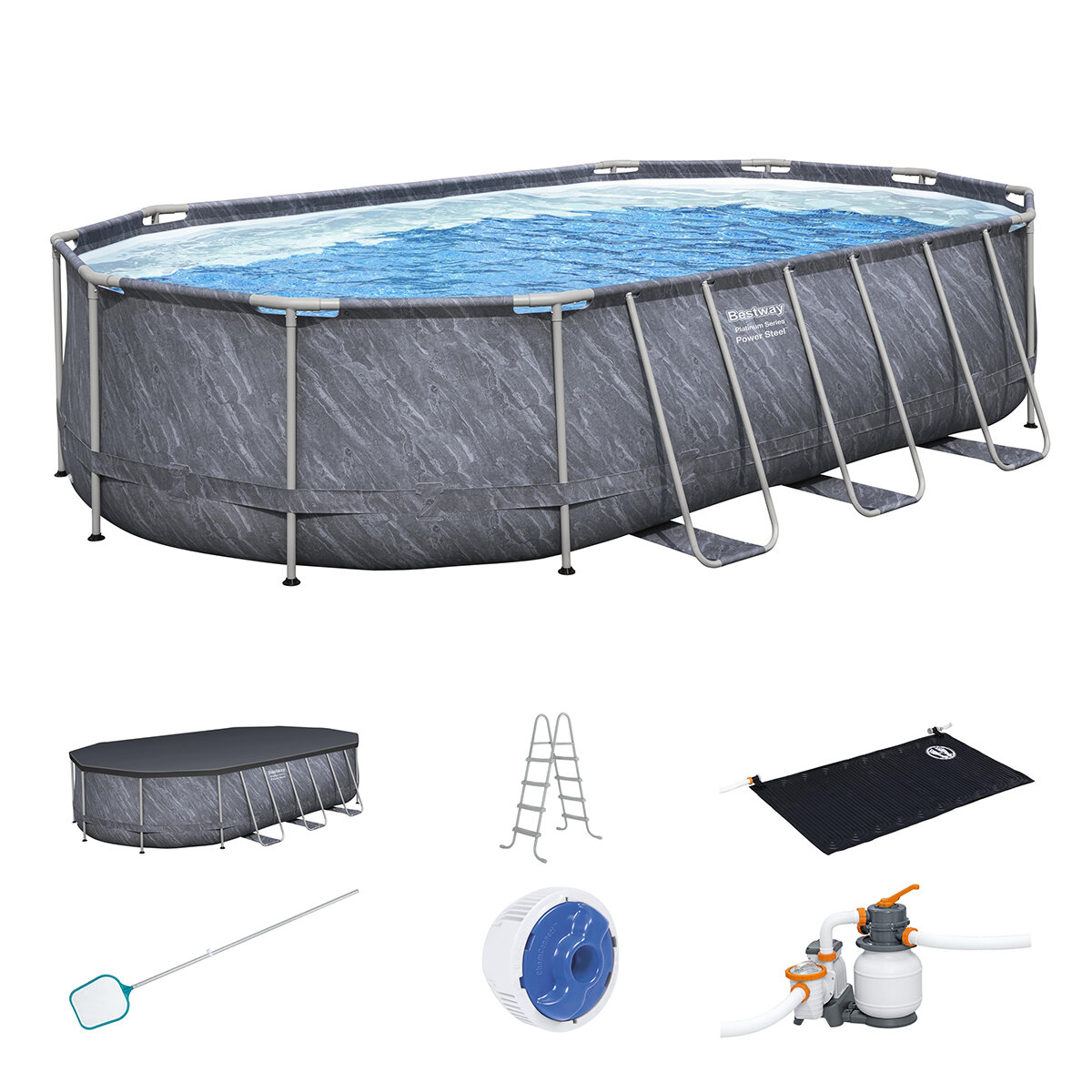 Bestway 20ft x 12ft Platinum Series Power Steel Oval Frame Pool with Sand Filter Pump and Solar Powered Pool Pad 