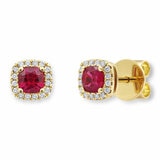 Cushion Cut Ruby & 0.13ctw Diamond Halo Earrings, 18ct Yellow Gold
