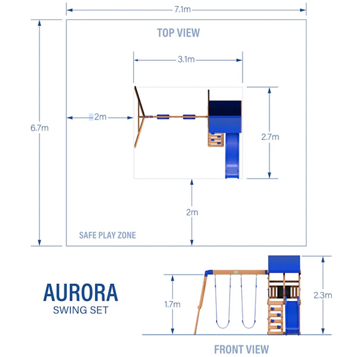 Image showing the dimensions of the Backyard Discovery Aurora Swingset Playcentre