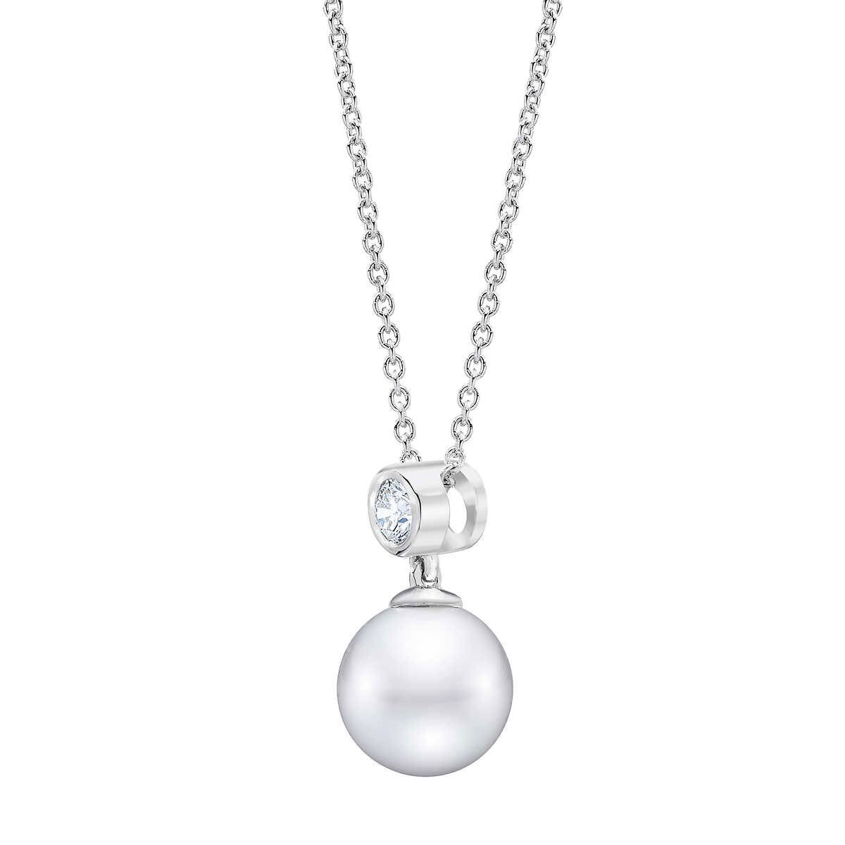 8-9mm Cultured Freshwater White Pearl & 0.14ctw Diamond Necklace, 14ct White Gold