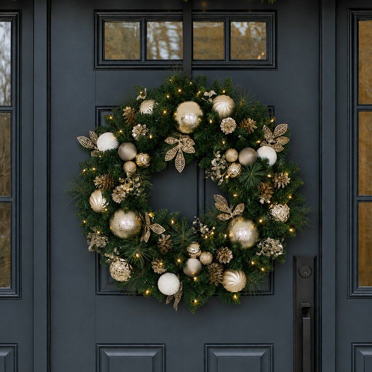 Pre-Lit Decorated Wreath with 50 LED Lights in Metallic Pre-Lit Decorated Wreath with 50 LED Lights in Metallic