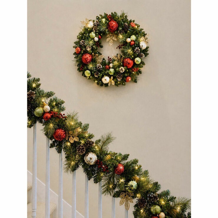 30 inch (76cm) Pre-Lit Decorated Wreath with 50 LED Lights in Red 30 inch (76cm) Pre-Lit Decorated Wreath with 50 LED Lights in Red