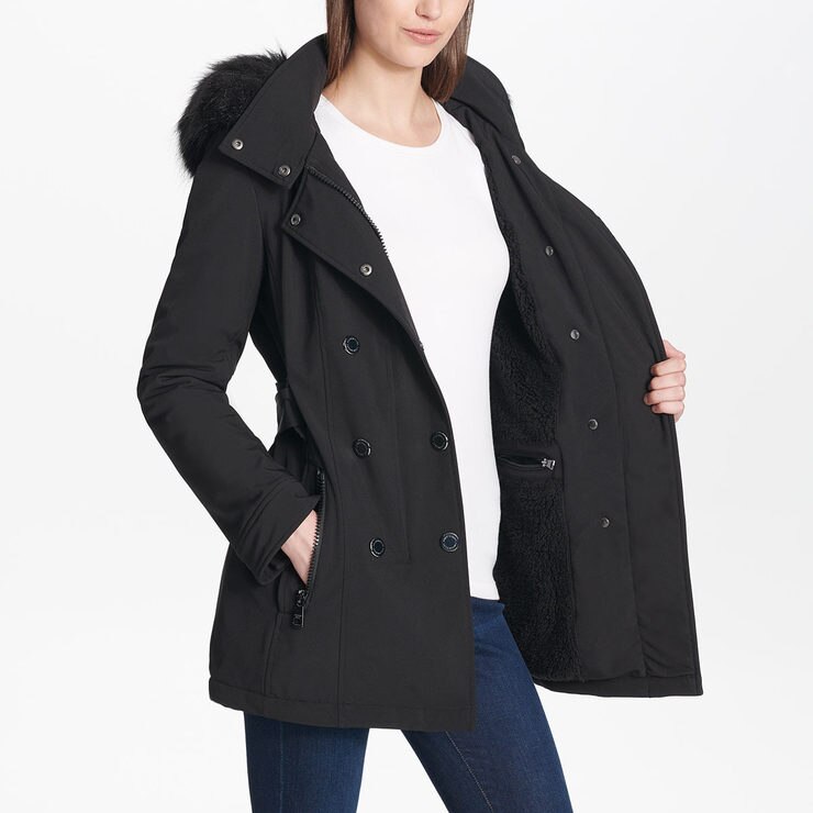 Andrew Marc Women's Softshell Jacket with Faux Fur Trim Hood in Black