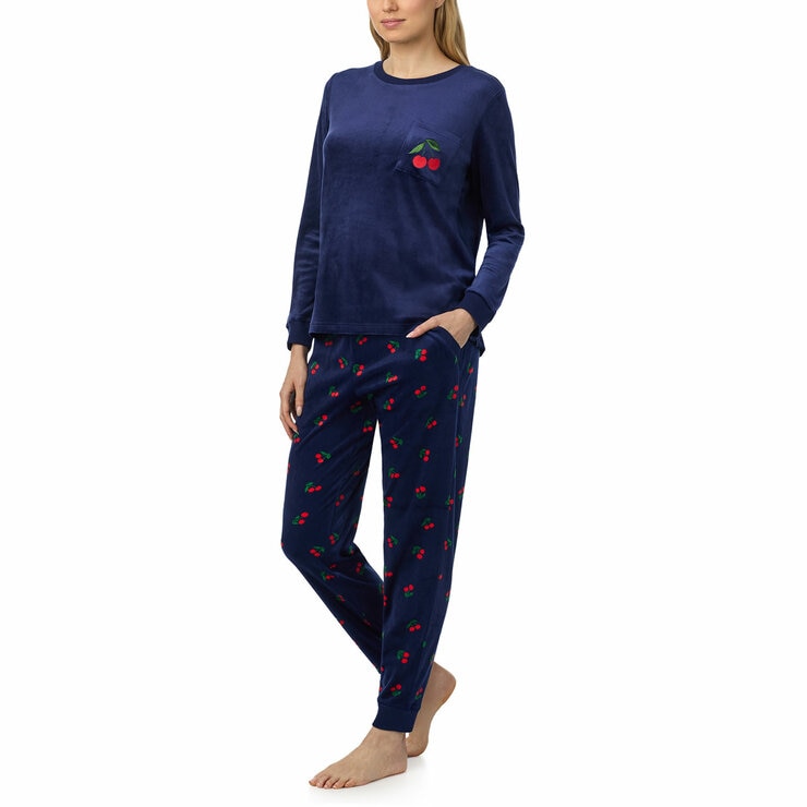Jane & Bleecker Women's Silky Plush Pyjama Set in Navy Cherries