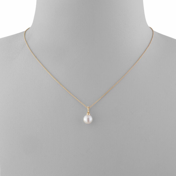 7-8mm Cultured Freshwater White Pearl Round Necklace, 14ct Yellow Gold