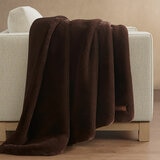 Dark brown faux fur throw draped over a beige upholstered sofa