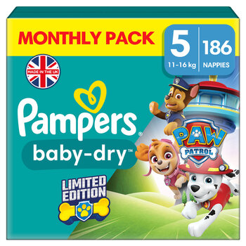 Pampers Paw Patrol Baby Dry Nappies Size 5, 186 Pack