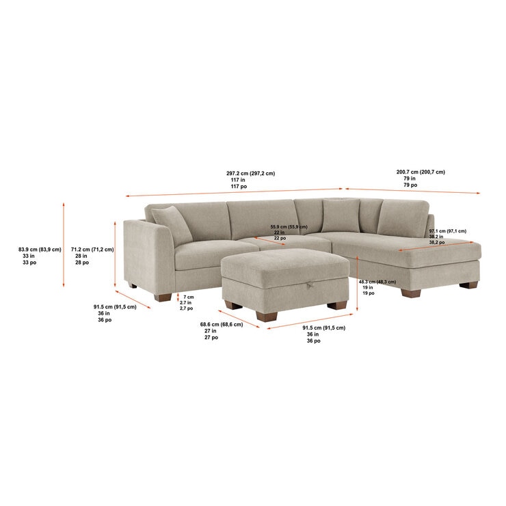 Thomasville Walsen Grey Fabric Corner Sofa with Storage Ottoman, Right Hand Facing