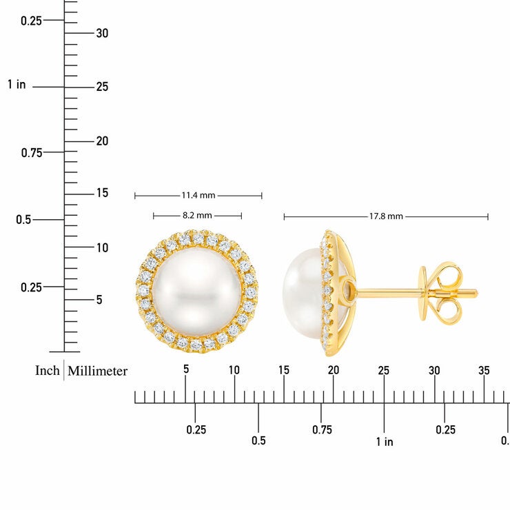 8-9mm Cultured Freshwater White Button Pearl & 0.25ctw Diamond Halo Earrings, 14ct Yellow Gold