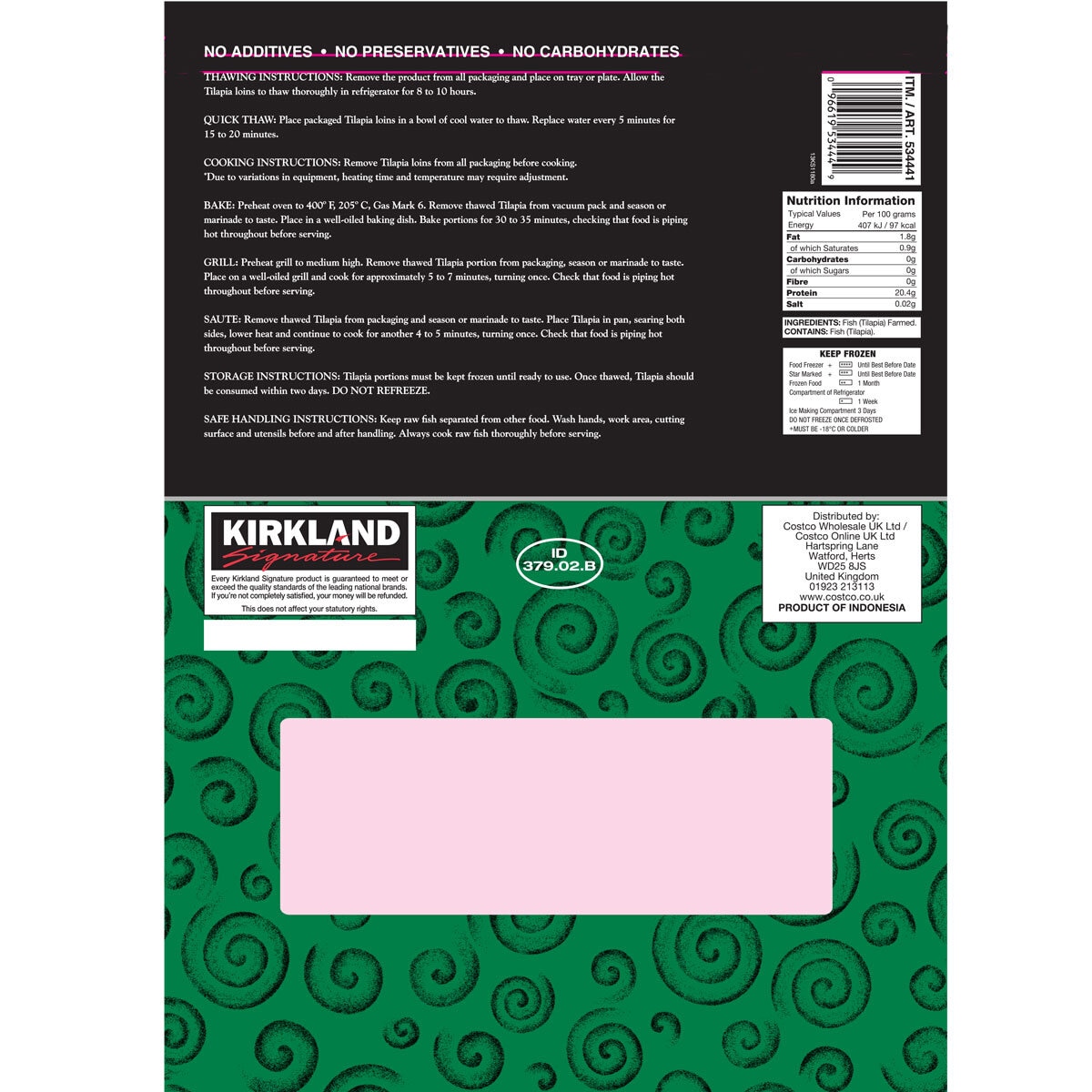 Back of pack of Kirkland Signature Tilapia Loin