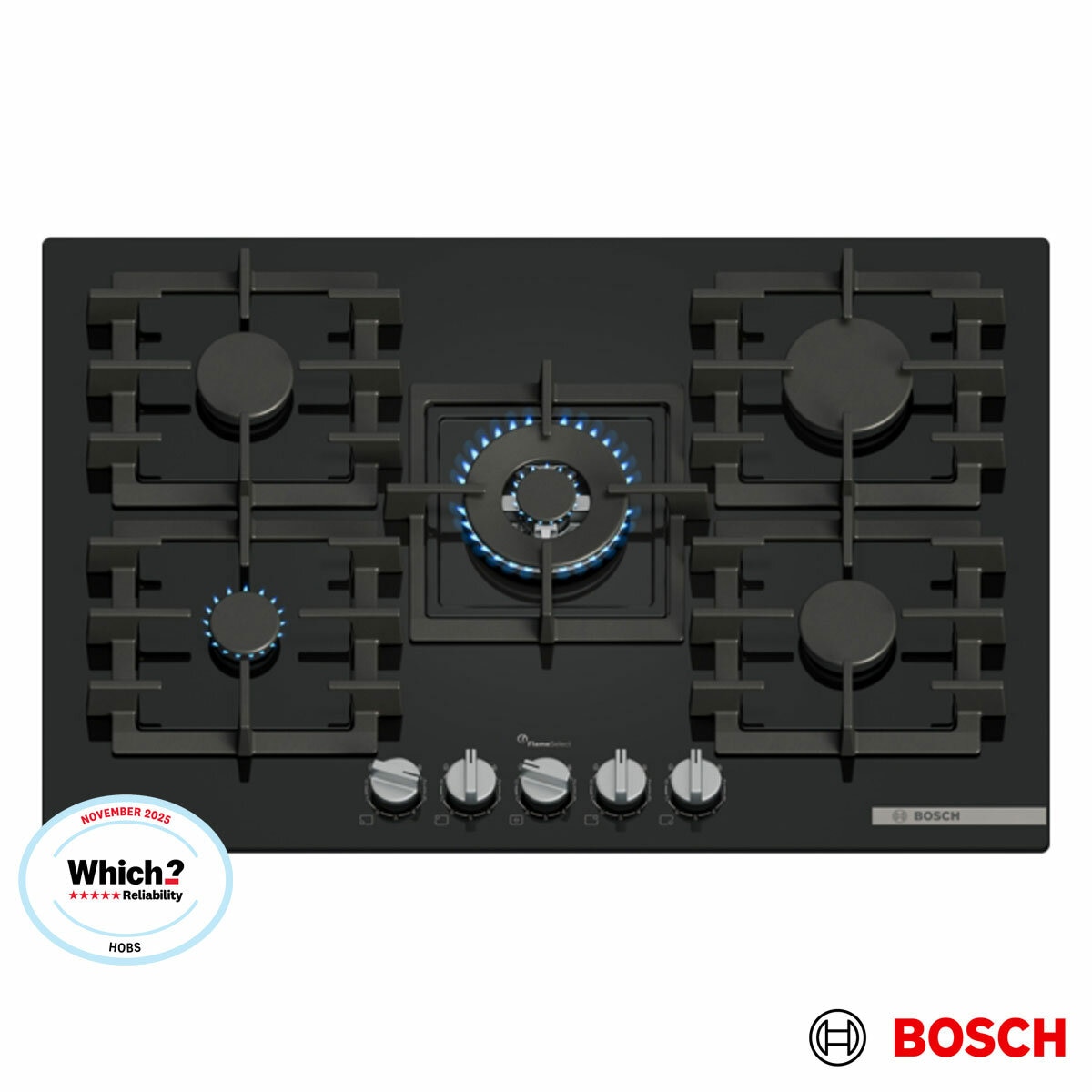 Bosch Series 6 PPQ7A6I40, Tempered Glass 75cm Gas Hob in Black