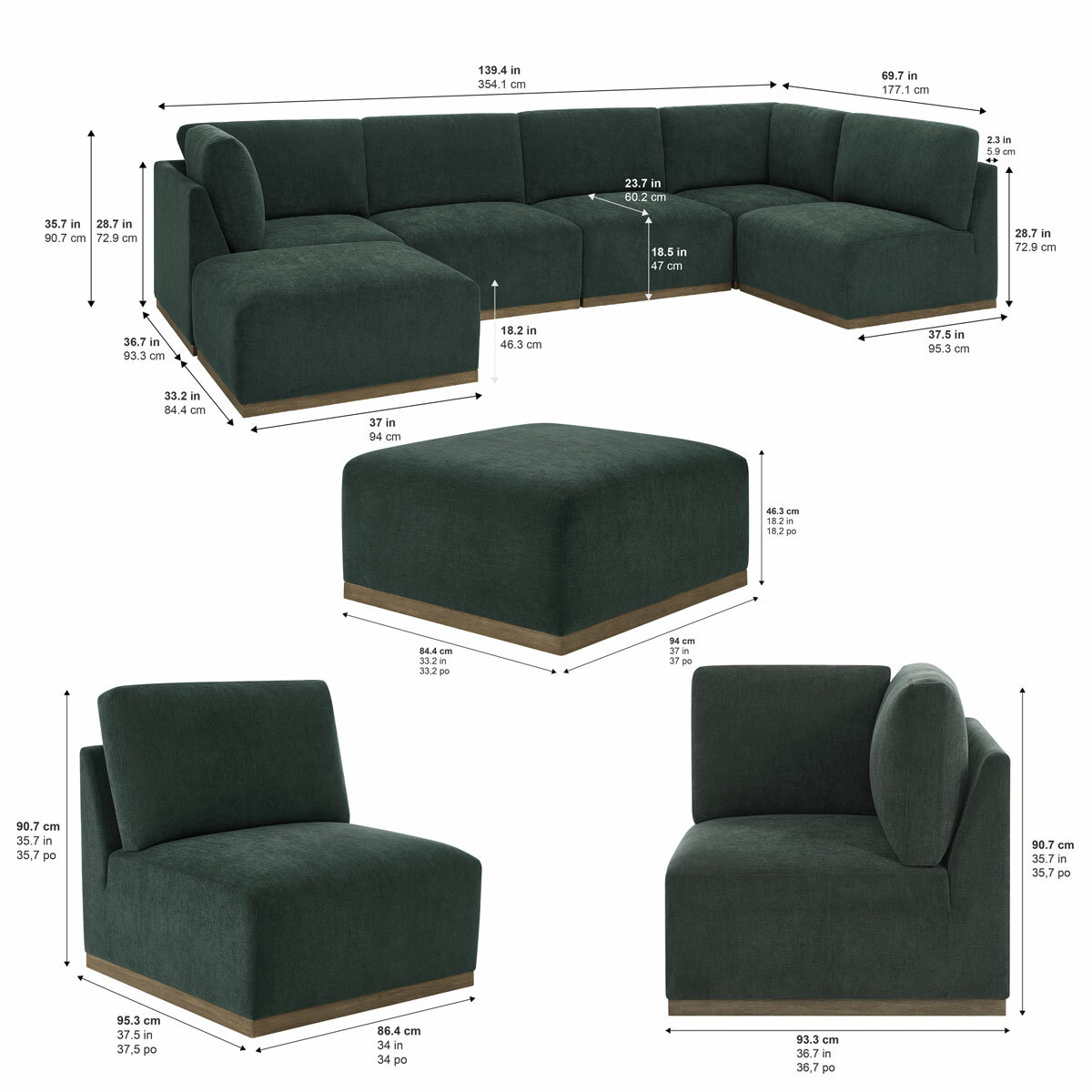 Henredon Murphy Green 6 Piece Modular Fabric Sofa