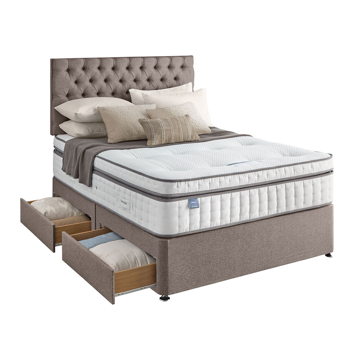 Silentnight 4 Drawer Divan Base with Eden Headboard in Pebble in 3 Sizes