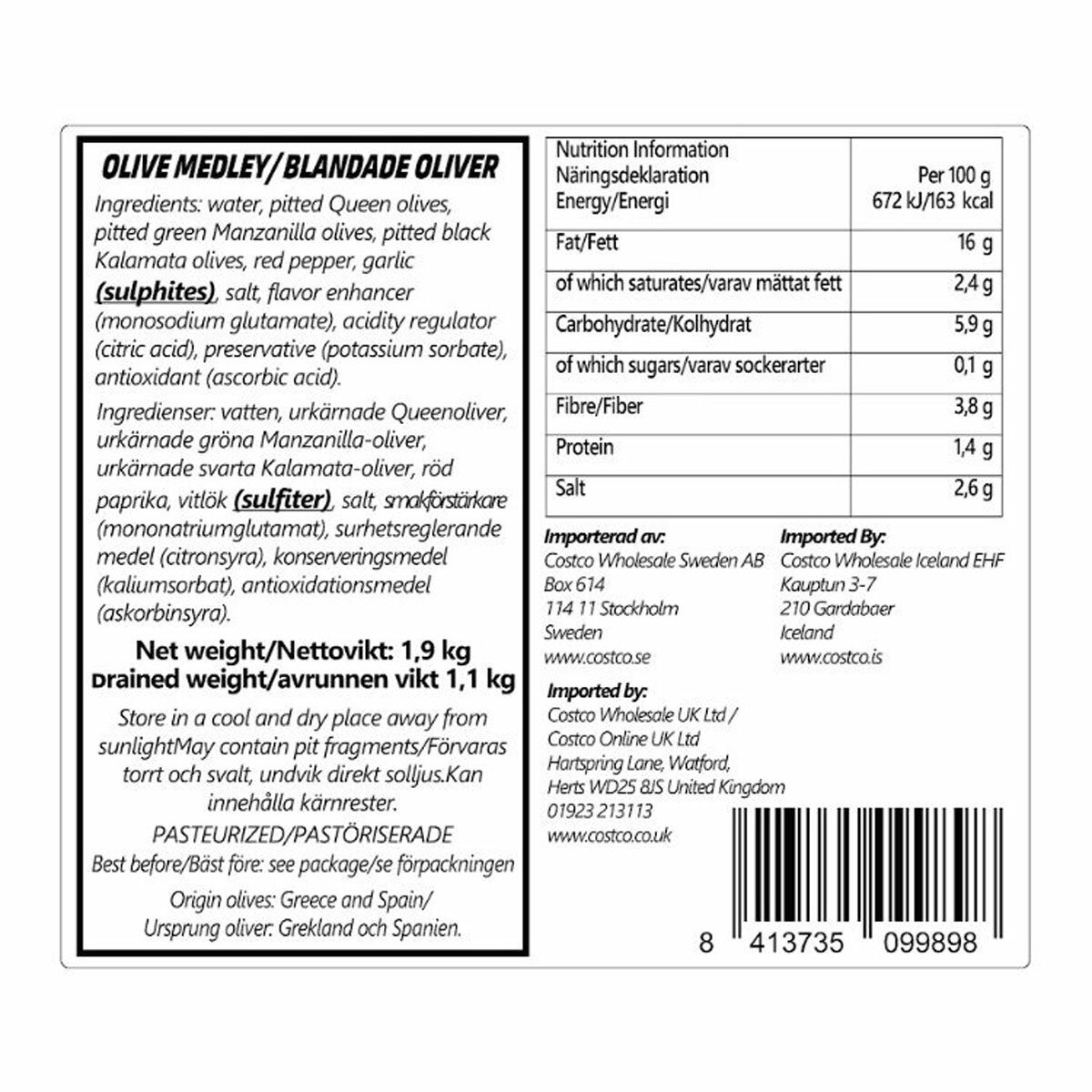 Torremar Medley Olives, 1.9kg Ingredients and Nutritional Info Torremar Medley Olives, 1.9kg Ingredients and Nutritional Info
