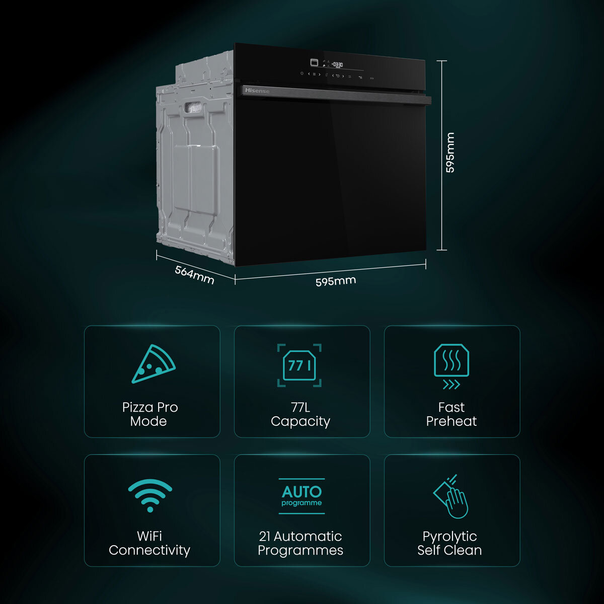 Hisense Hi6 BlackLine HO66FAPizzaChef Electric Pyrolytic Smart Oven, A+ Rated in Black