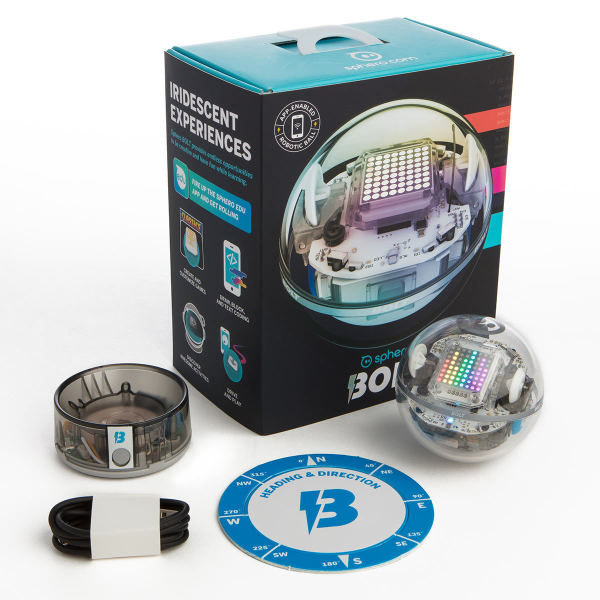Boxed image of the sphero BOLT with the individual sphero infront, including the Sphero holder and compass