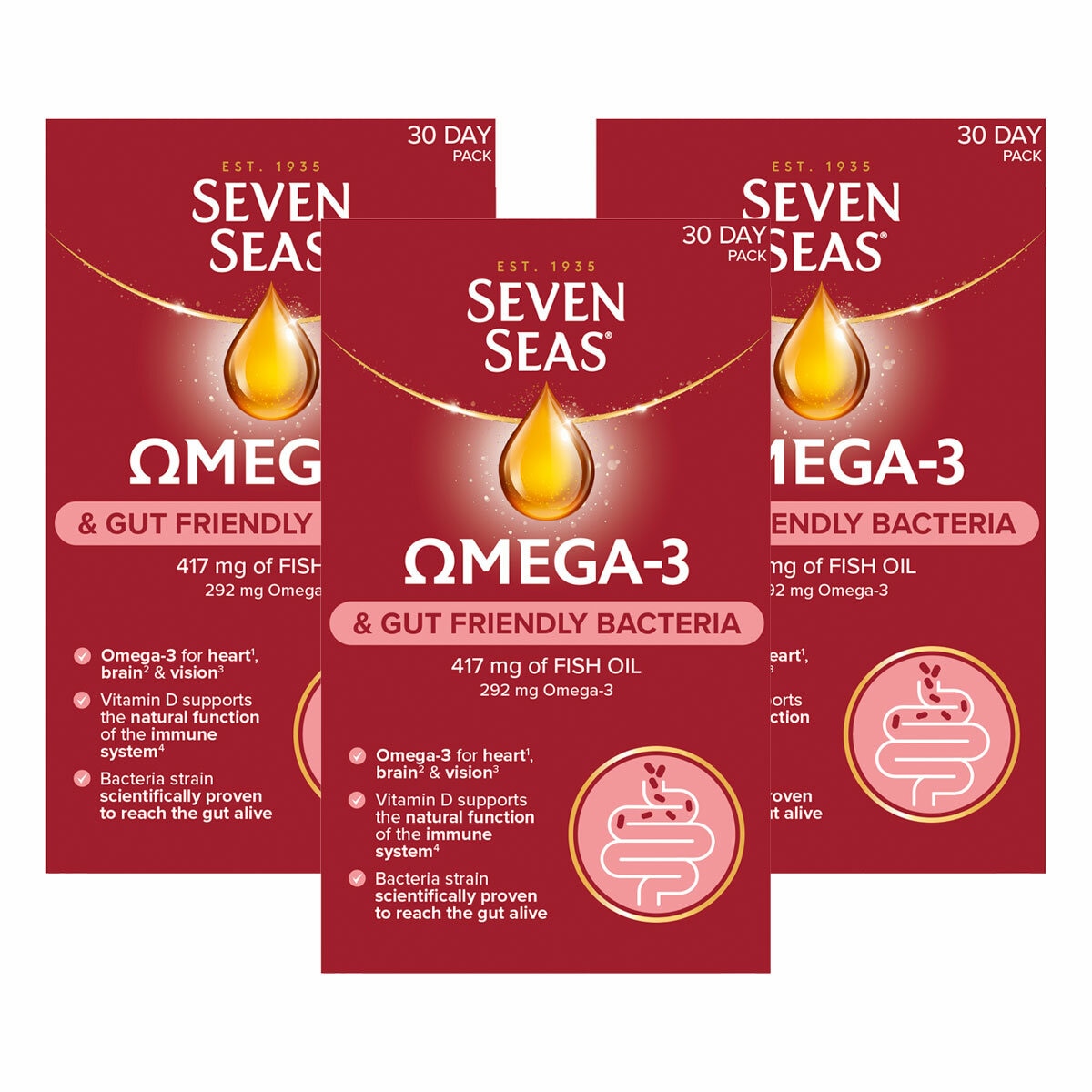 Seven Seas Omega 3 and Gut Friendly Bacteria, 3 x 30 Count Seven Seas Omega 3 and Gut Friendly Bacteria, 3 x 30 Count
