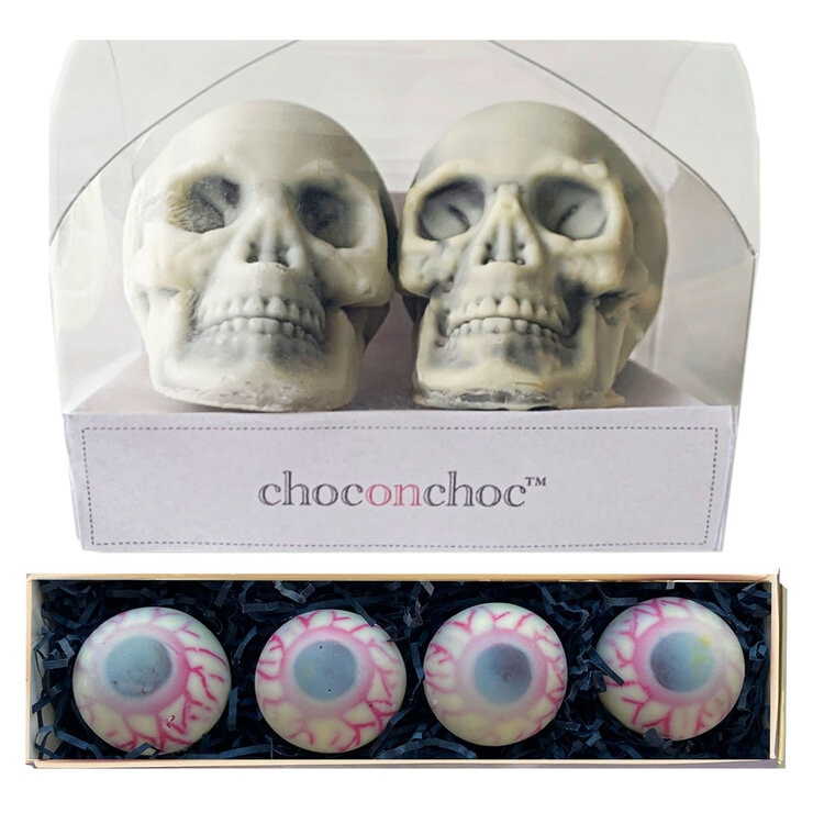 Choc on Choc Chocolate Skull Set 125g and Chocolate Gooey Eyeballs ,160g Choc on Choc Chocolate Skull Set 125g and Chocolate Gooey Eyeballs ,160g