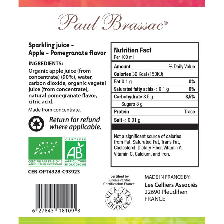 Paul Brassac Organic Sparkling Fruit Juice, 3 x 750ml Costco UK