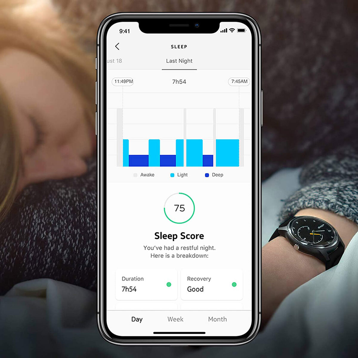 Lifestyle image of Withings Move ECG Smartwatch in Black and app