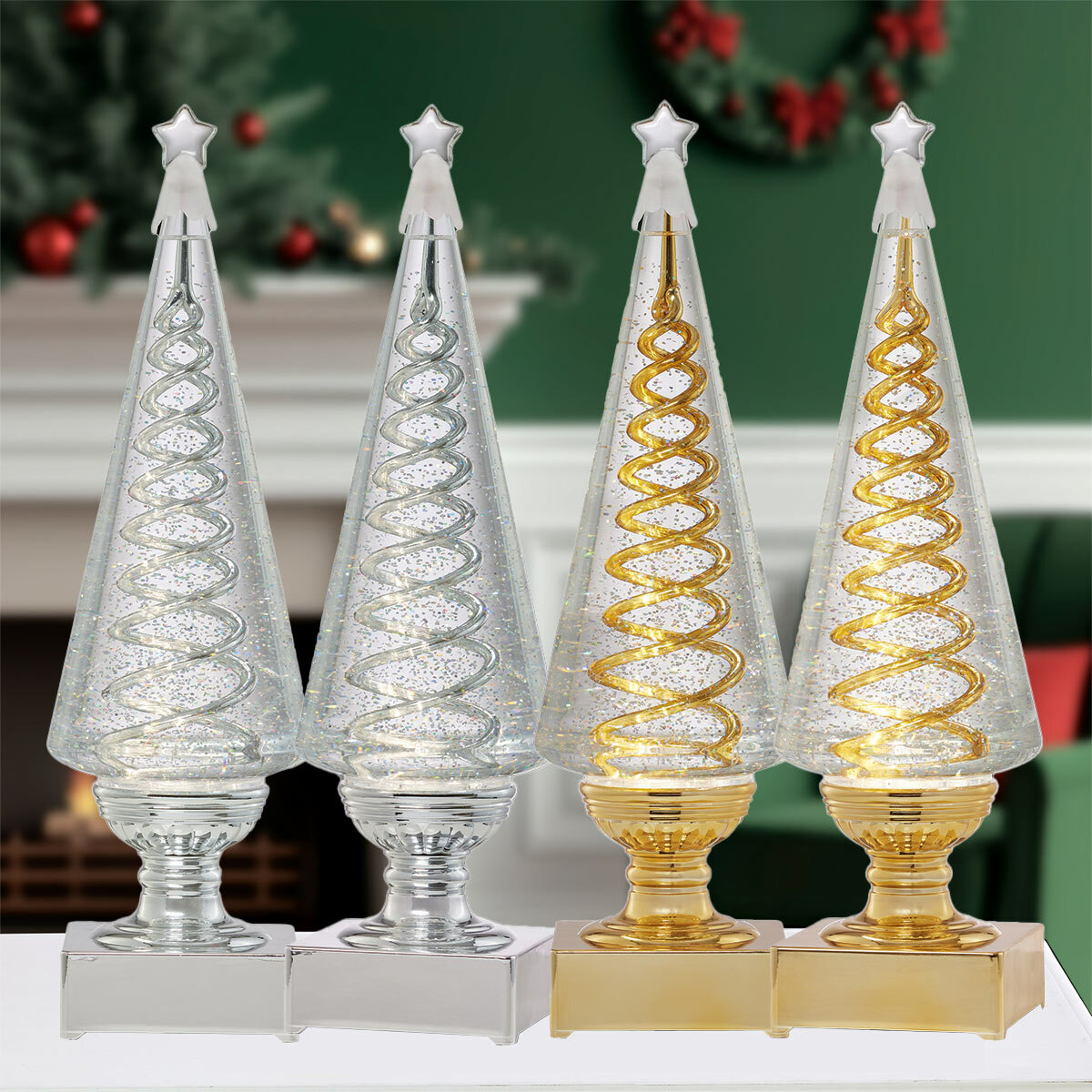 14 inch Lighted Spinning Spiral Glitter Trees