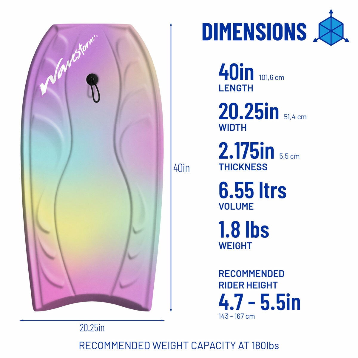 Graphic showing the dimensions of the bodyboard