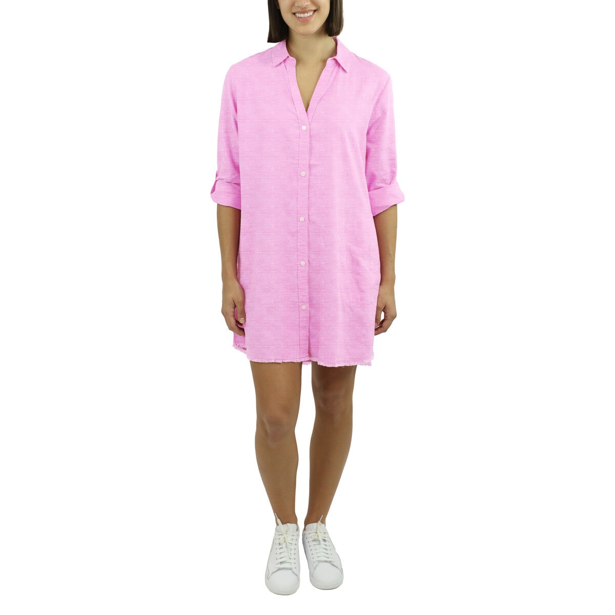 Jachs Ladies Roll Sleeve Linen Blend Dress in Pink