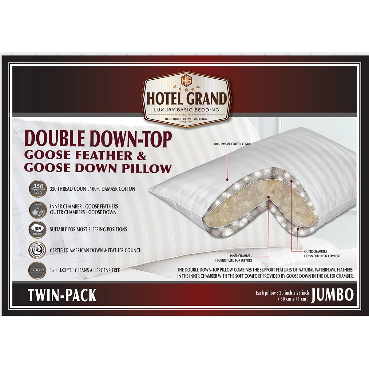 Hotel Grand Double Down Goose Feather & Down Jumbo Pillow, 2 Pack