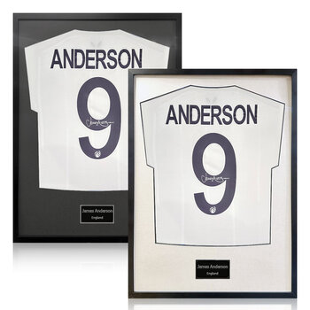James Anderson Signed Framed England Cricket Shirt in 2 Options: White or Black Mount