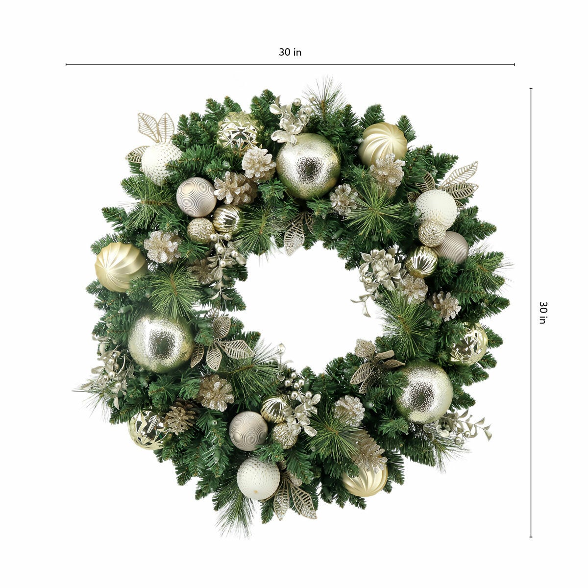 30 inch (76cm) Pre-Lit Decorated Wreath with 50 LED Lights in Metallic 30 inch (76cm) Pre-Lit Decorated Wreath with 50 LED Lights in Metallic