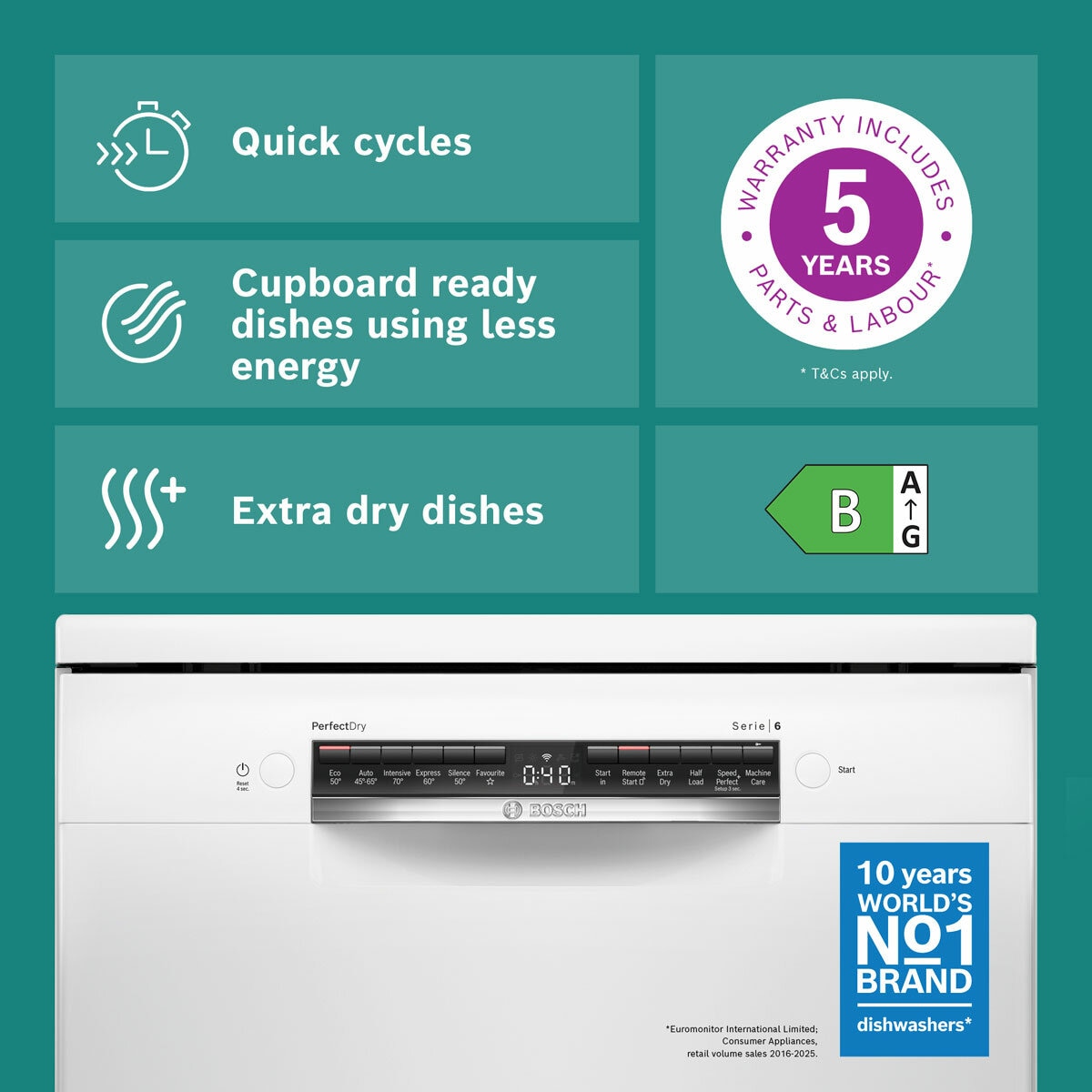 Bosch SMS6ZCW10G Series 6 Freestanding 14 Place Setting Dishwasher, B Rated in White
