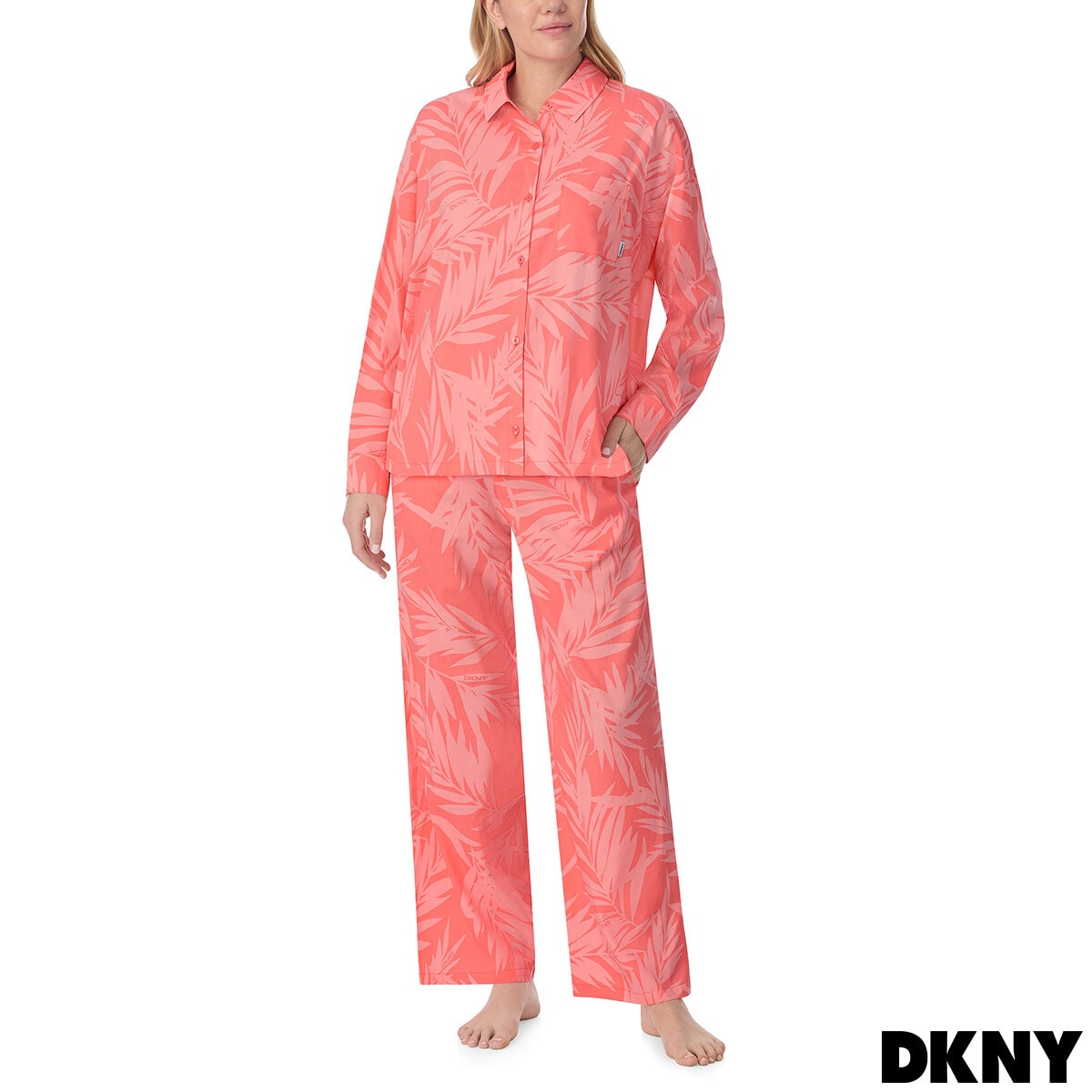 DKNY Ladies Cotton Blend Pyjama Set in Coral, Size Extra Large