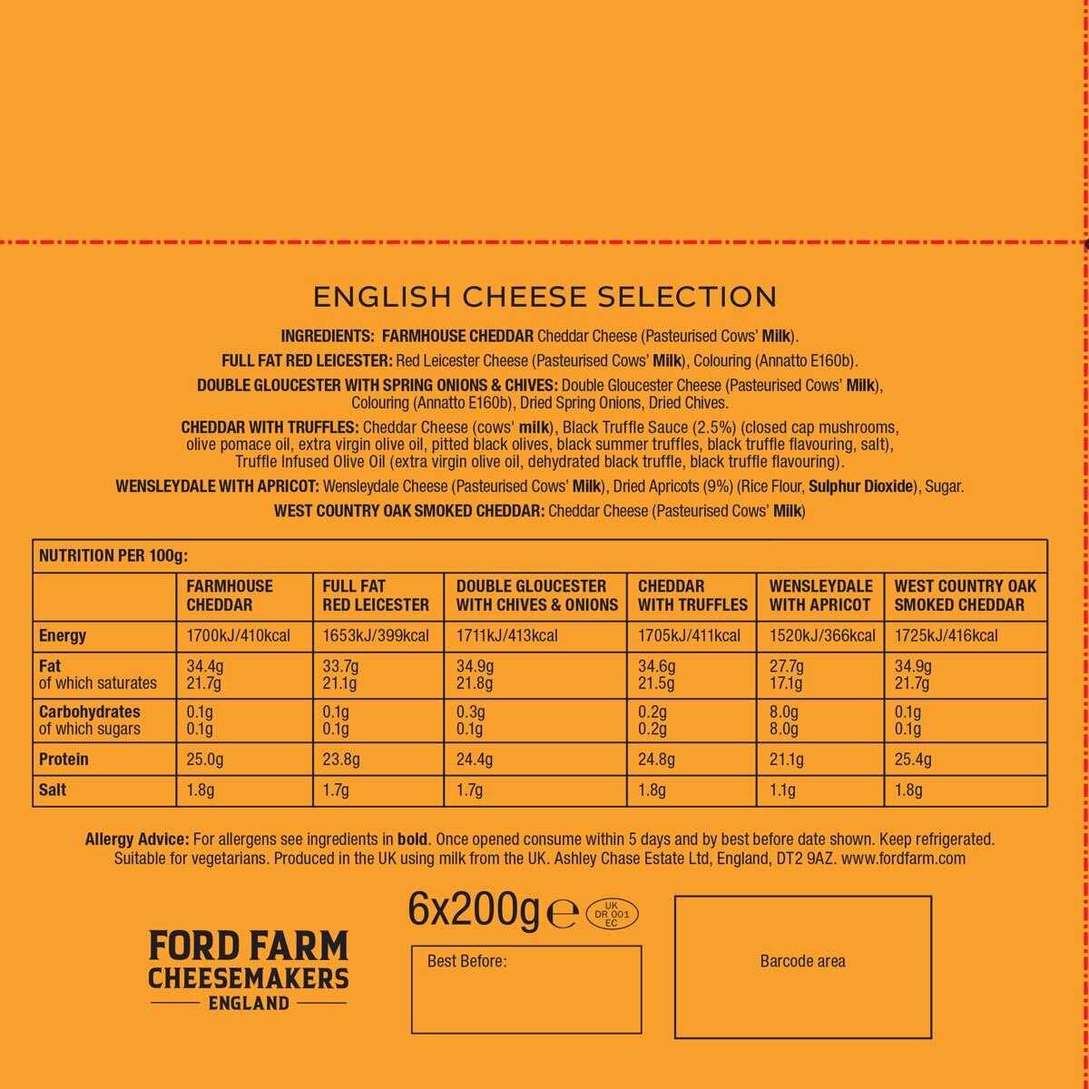 Back label for 6x200g box of BRITISH CHEESE SELECTION