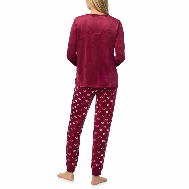 Jane & Bleecker Women's Silky Plush Pyjama Set in Burgundy Lips