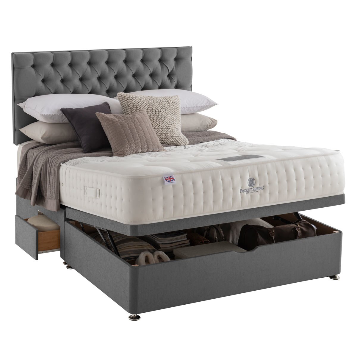 Pocket Spring Bed Company Pemberley Mattress & Grey Half Ottoman Divan