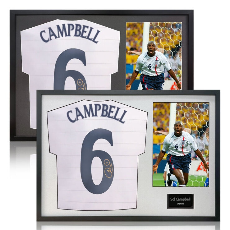 Sol Campbell Signed Framed England Football Shirt including 1 Photo in 2 Options: White or Black Mount Sol Campbell Signed Framed England Football Shirt including 1 Photo in 2 Options: White or Black Mount