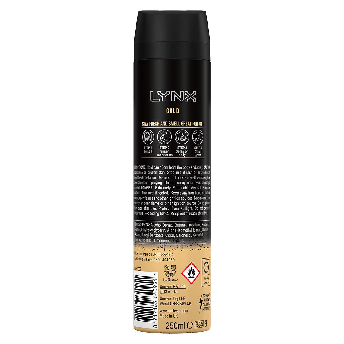 Lynx Deodorant & Bodyspray Gold, 6 x 250ml