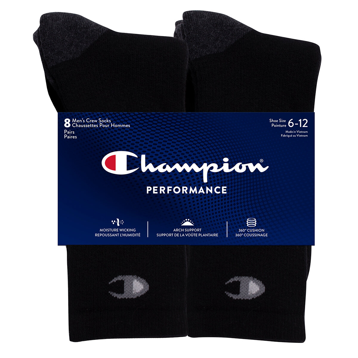 Champion Mens Crew Sock, 8 Pack in Black