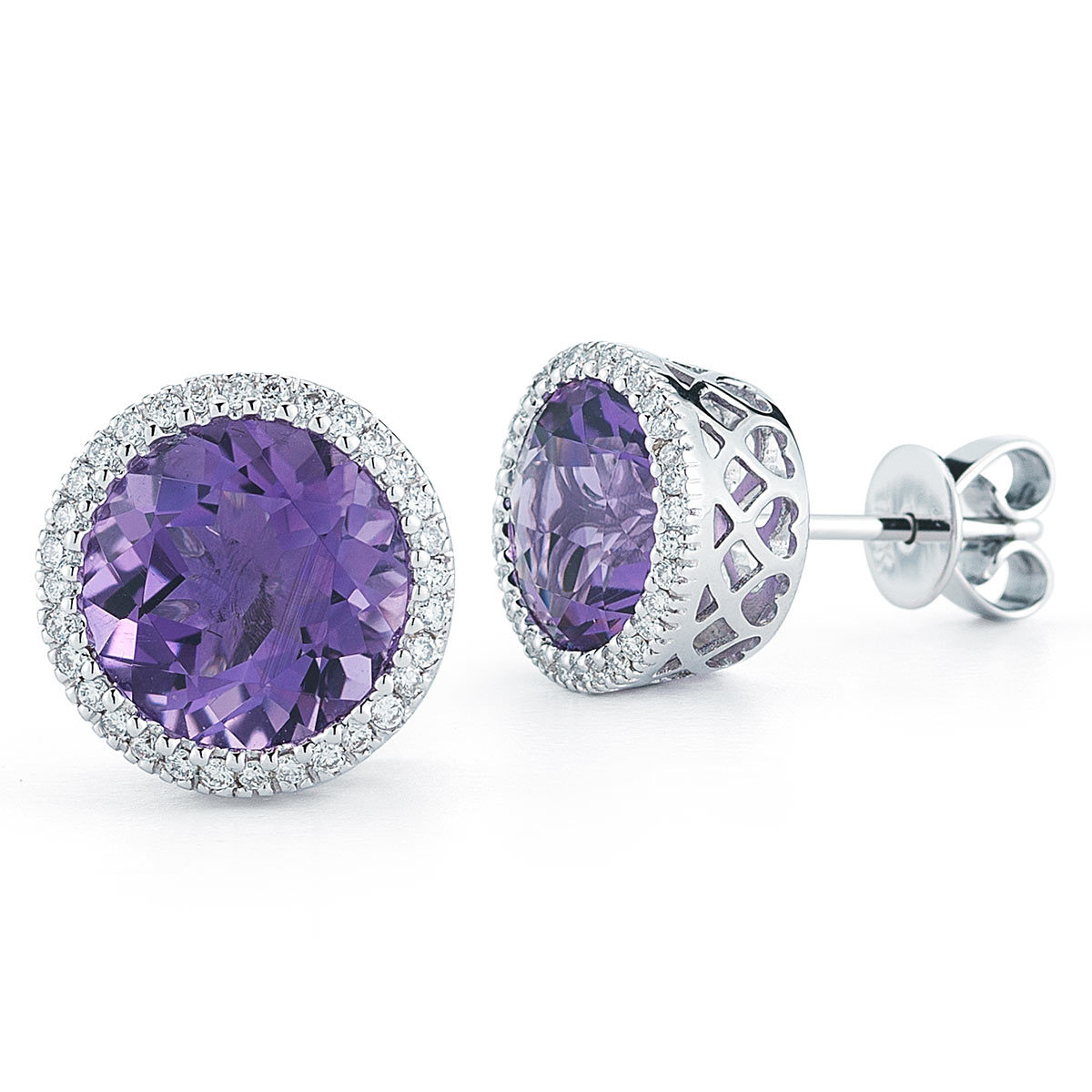 Round Cut Purple Amethyst & 0.18ctw Diamond Earrings, 18ct White Gold
