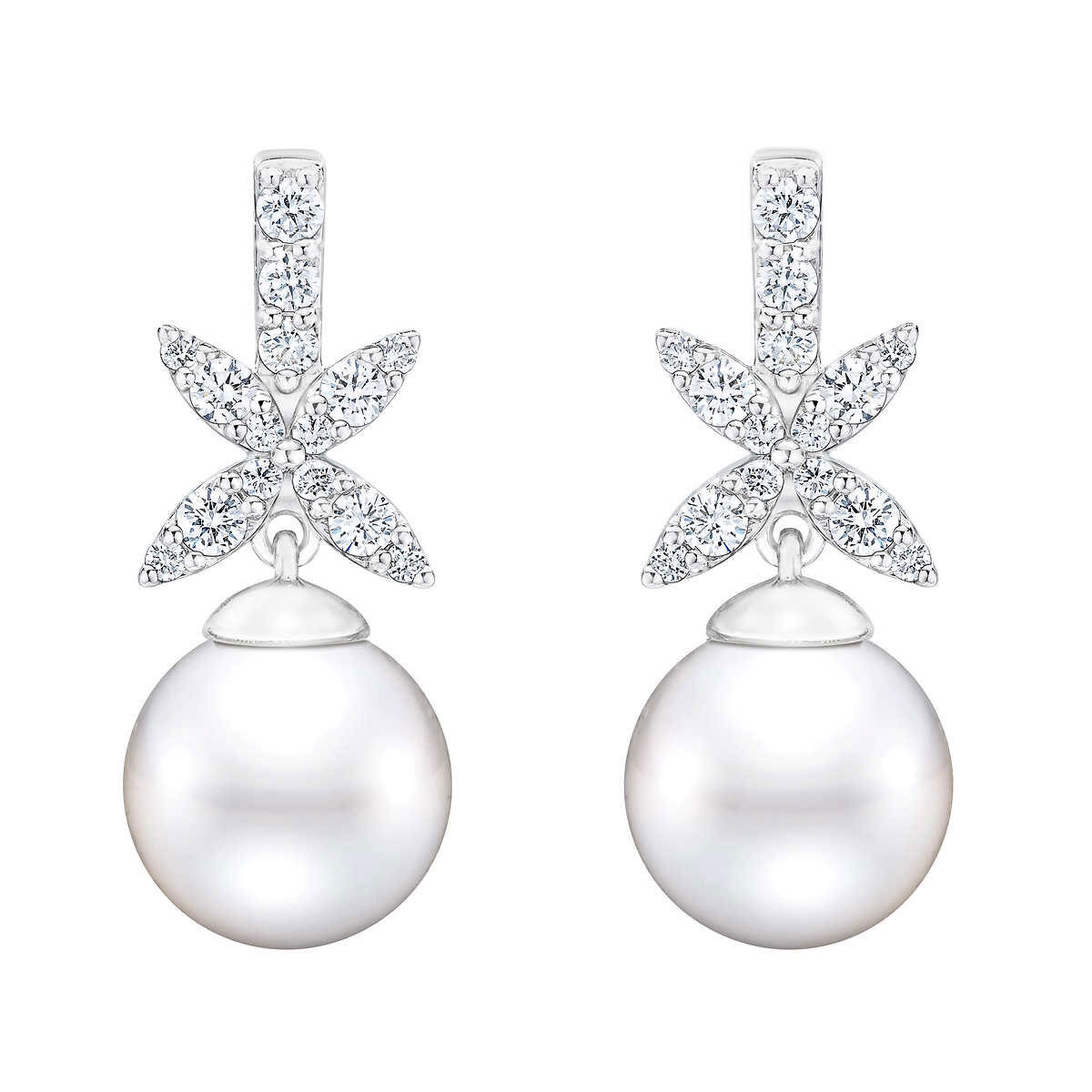 9-10mm Cultured Freshwater White Pearl & 0.45ctw Diamond Earrings, 14ct White Gold